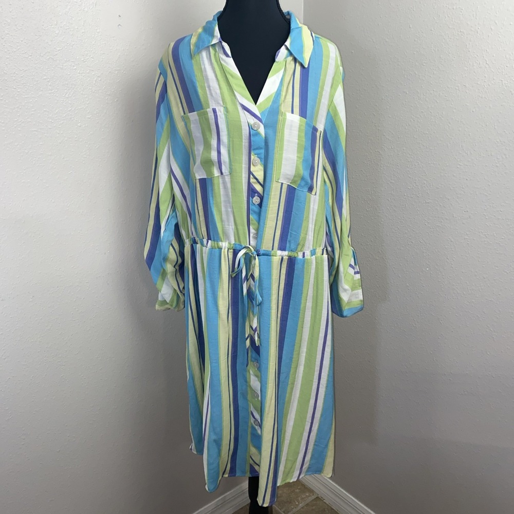 Cato Tie Waist Dress 18/20W Button Front Vertical Striped V-Neck Spring Colorful